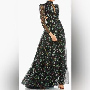 Floral Chiffon High-Neck Gown with Sheer Puff Sleeves and Lace-Up Cutouts Size 6